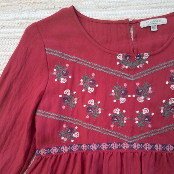 Polagram Red Long Sleeve Peplum Top with Folk Inspired Floral Embroidery Size M - Picture 2 of 12
